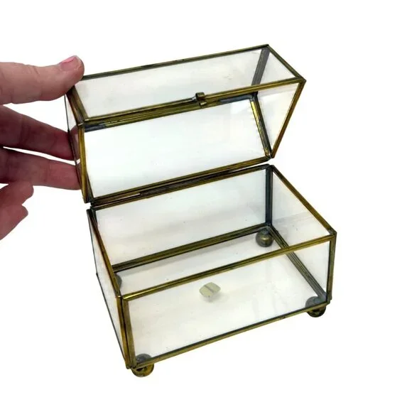 Brass Glass Jewelry Box Hinged Trinket Display Casket 4.5" T Footed Vintage MCM - Picture 7 of 9